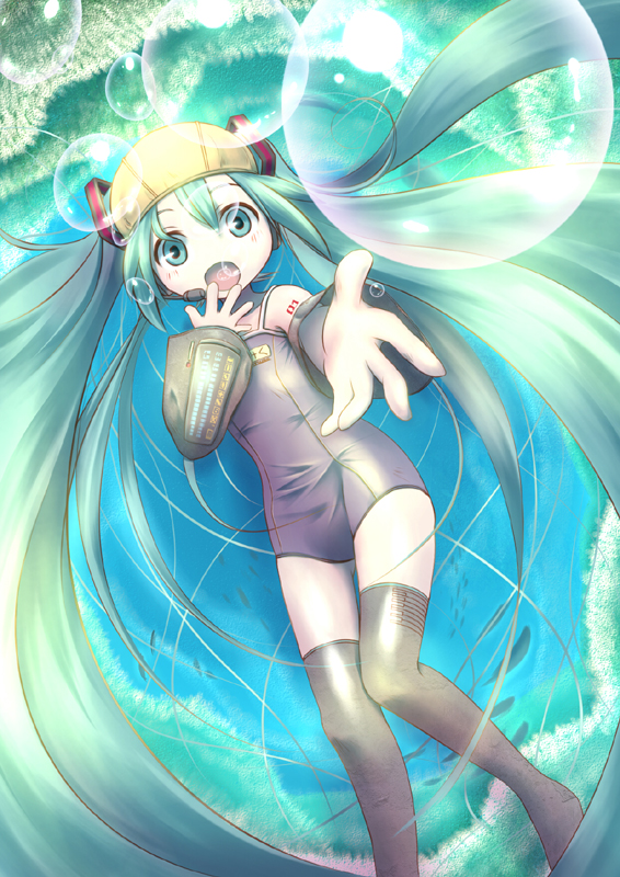 long_hair one-piece_swimsuit school_swimsuit swim_cap swimsuit tayashitsu thigh-highs thighhighs vocaloid