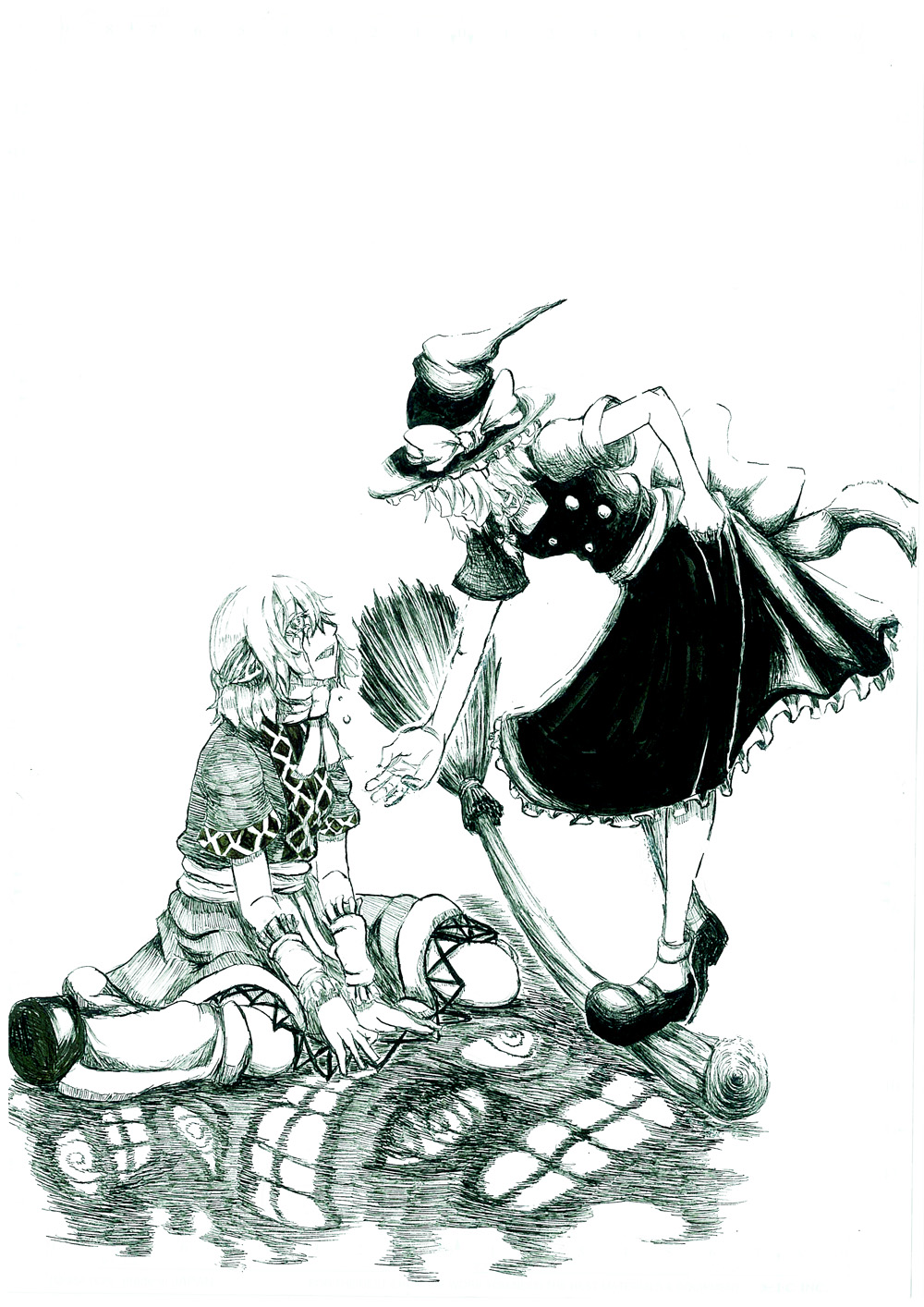 arm_warmers broom eyes hat highres kirisame_marisa mizuhashi_parsee monochrome multiple_girls outstretched_arm outstretched_hand reaching short_hair tears toro_(transista_goaway) touhou witch_hat