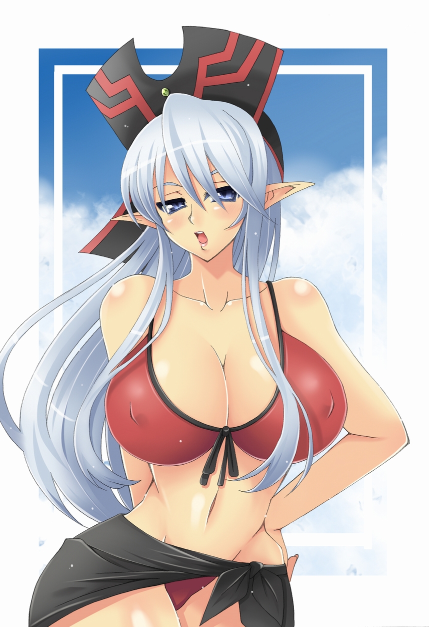 breasts cleavage erect_nipples front-tie_top grey_eyes hand_on_hip highres huge_breasts kami_koppu long_hair mound_of_venus navel open_mouth pointy_ears ruin_queen_of_oblivion sarong silver_eyes silver_hair solo swimsuit very_long_hair yuu-gi-ou yuu-gi-ou_duel_monsters