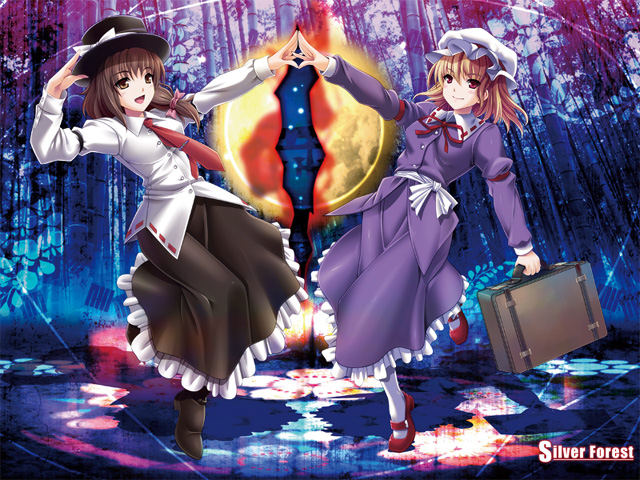 album_cover blonde_hair brown_eyes brown_hair cover hat luggage maribel_hearn multiple_girls rakujin red_eyes smile touhou usami_renko