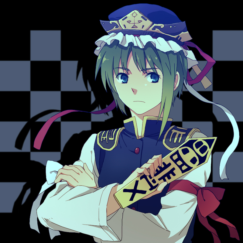 1girl androgynous blue_eyes bust checkered crossed_arms expressionless face green_hair hat rex_k rod_of_remorse shikieiki_yamaxanadu short_hair solo touhou