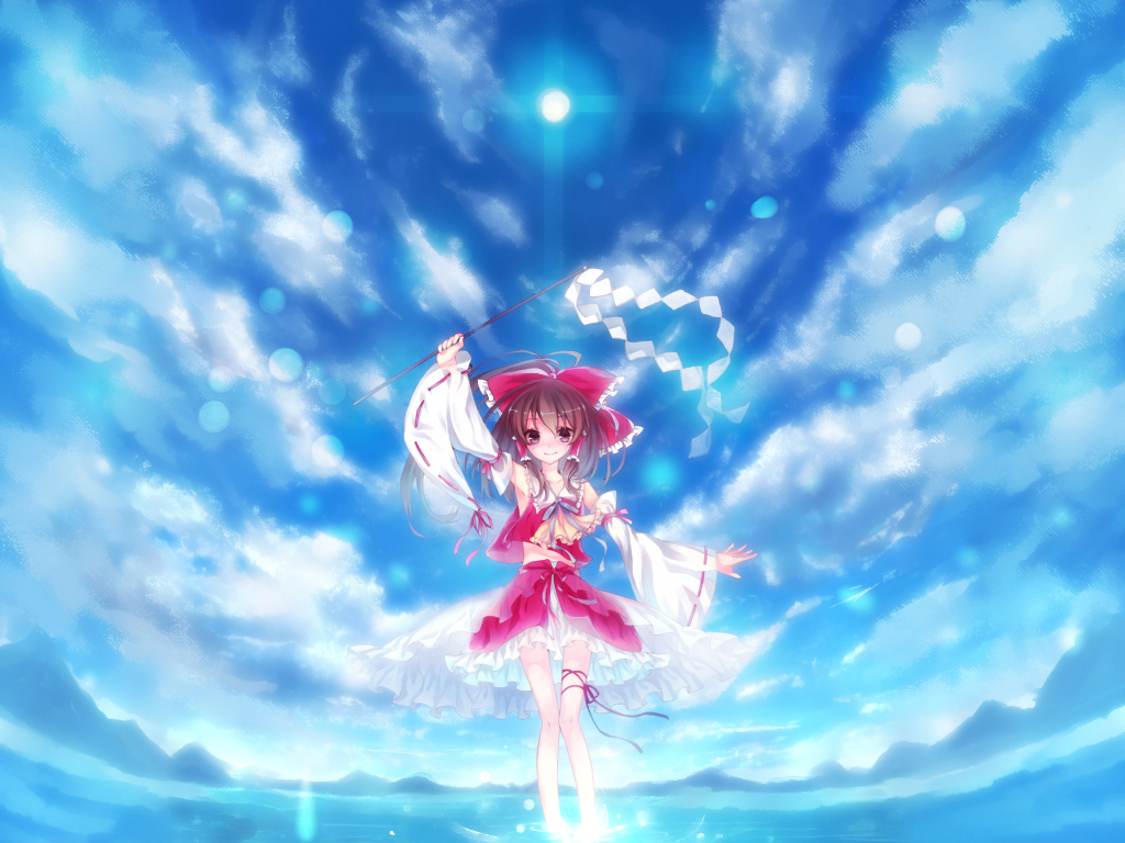 arm_up armpits bare_shoulders bow brown_eyes brown_hair detached_sleeves feet_in_water gohei hair_bow hakurei_reimu leg_ribbon midriff navio ribbon sky smile solo thigh_ribbon touhou wading water