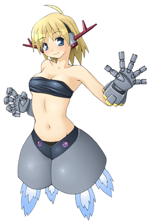 ahoge antennae bandeau blonde_hair blue_eyes eighty_percent_complete gundam horns mecha_musume midriff mobile_suit_gundam navel personification piiton short_hair simple_background solo those_are_just_for_decoration zeong