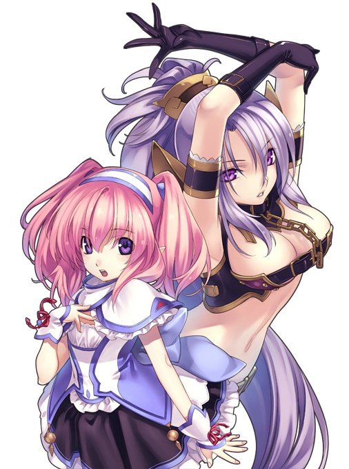 agarest_senki agarest_senki_2 armband arms_up back-to-back belt beltbra blush bow breasts capelet chair cleavage collar crop_top detached_sleeves dress elbow_gloves elf eva_(agarest_senki) fiona_(agarest_senki) flat_chest frills gloves hair_ornament hairband hirano_katsuyuki large_breasts long_hair midriff multiple_girls official_art open_mouth pink_hair pointy_ears ponytail purple_eyes purple_hair ribbon short_dress silver_hair simple_background standing strap twintails very_long_hair