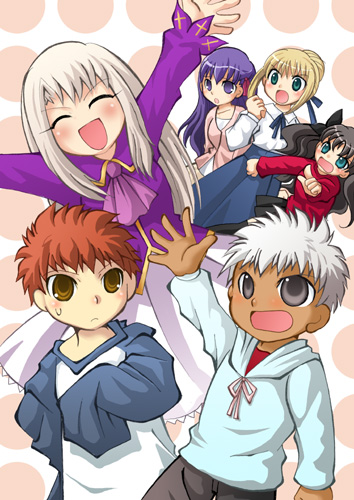 archer bad_id black_hair blonde_hair blue_eyes brother_and_sister chibi child dress emiya_shirou fate/stay_night fate_(series) green_eyes hair_ribbon happy illyasviel_von_einzbern lowres matou_sakura raglan_sleeves ribbon saber siblings sisters takanasi123 tohsaka_rin toosaka_rin white_hair young