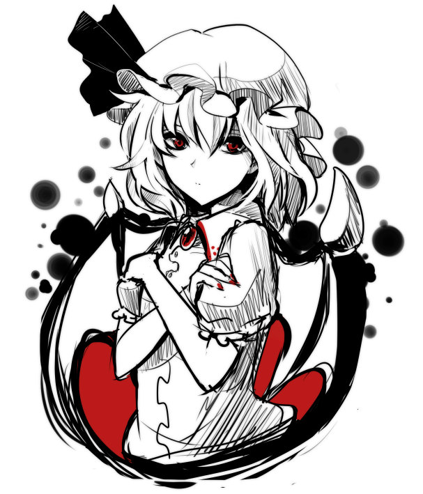 arms_over_chest crossed_arms hat hat_ribbon kohaku. monochrome nail_polish red_eyes red_nails remilia_scarlet ribbon short_hair solo spot_color touhou white_hair wings
