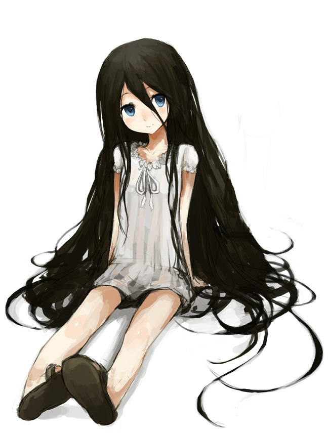 blue_eyes daisan_bunri_no_crime_edge kasa long_hair mushianokouji_iwai sandals sitting solo very_long_hair