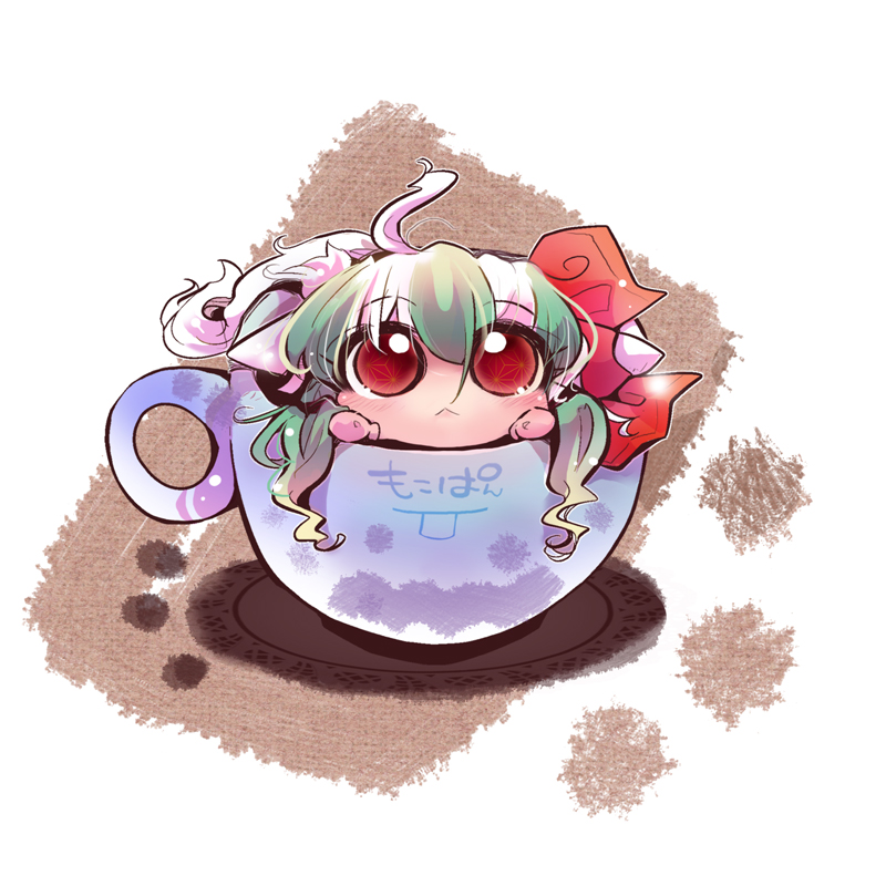 blush chibi cup ex-keine girl_in_a_cup horn_ribbon horns in_container in_cup kamishirasawa_keine long_hair looking_up minigirl red_eyes ribbon solo tail touhou usoneko