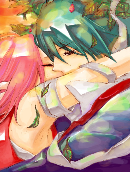 1girl black_hair couple haruno_sakura hug kiss leaf naruto pink_hair uchiha_sasuke