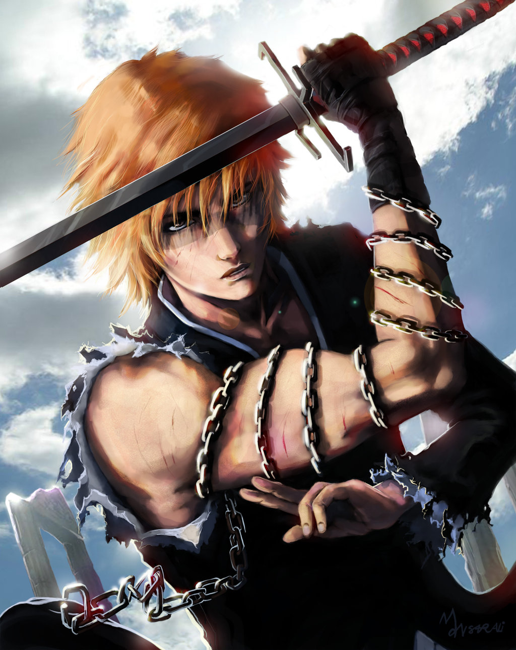 chain epic fingerless_gloves gloves highres injury katana kurosaki_ichigo mansarali orange_hair realistic signature sky solo spoilers sword torn_clothes weapon yellow_eyes