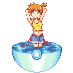 arms_behind_head blue_eyes crop_top denim denim_shorts kasumi_(pokemon) lowres midriff orange_hair pixel_art poke_ball pokemon shibui shorts side_ponytail simple_background solo strap_slip suspenders tank_top transparent_background wading water white_background