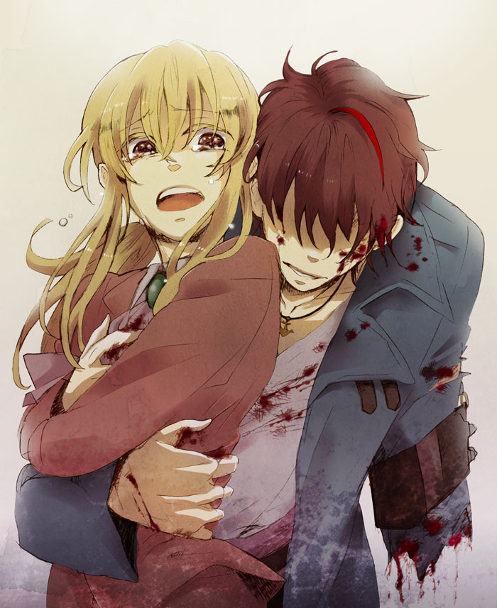 anchor androgynous blonde_hair blood brown_hair colored_eyelashes eyelashes hug hug_from_behind injury reverse_trap spoilers tears umineko_no_naku_koro_ni ushiromiya_leon ushiromiya_lion willard_h_wright