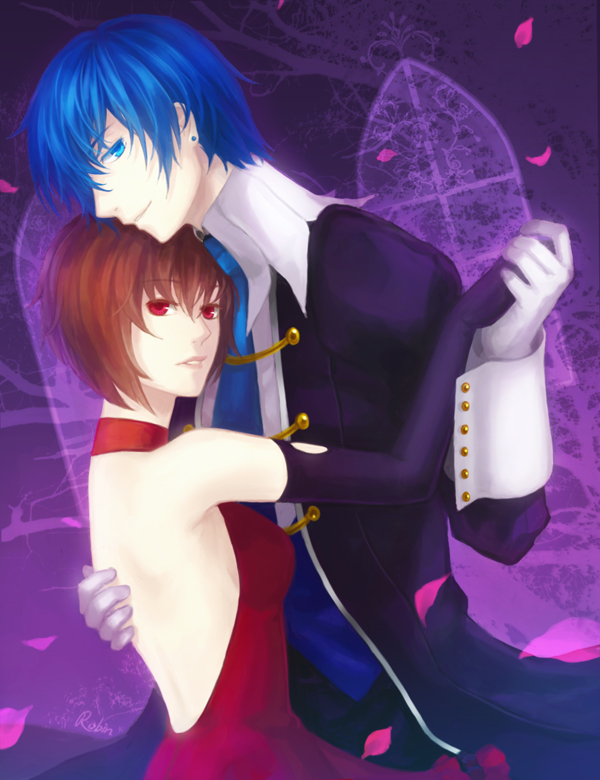 1boy 1girl blue_eyes blue_hair brown_hair cantarella_(vocaloid) couple dress elbow_gloves gloves kaito meiko petals project_diva project_diva_2nd red_eyes robinexile short_hair smile vocaloid