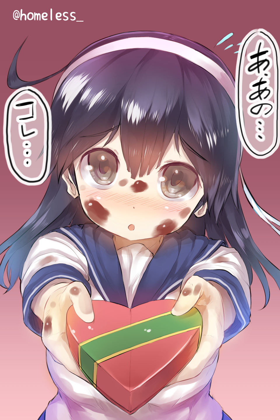 1girl ahoge black_hair blush breasts chocolate chocolate_on_face danbo_(rock_clime) hairband highres kantai_collection large_breasts long_hair looking_at_viewer messy open_mouth outstretched_arms school_uniform serafuku solo translation_request ushio_(kantai_collection) valentine
