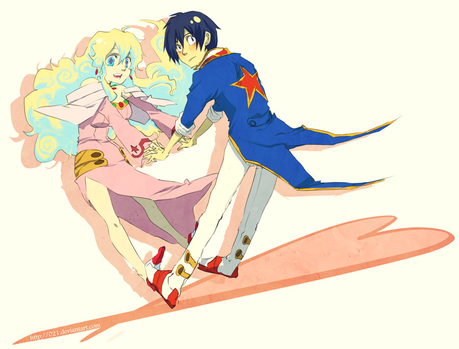 +_+ 021 blue_hair dress earrings heart holding_hands jacket jewelry long_hair multicolored_hair nia_teppelin pink_dress simon tengen_toppa_gurren_lagann two-tone_hair