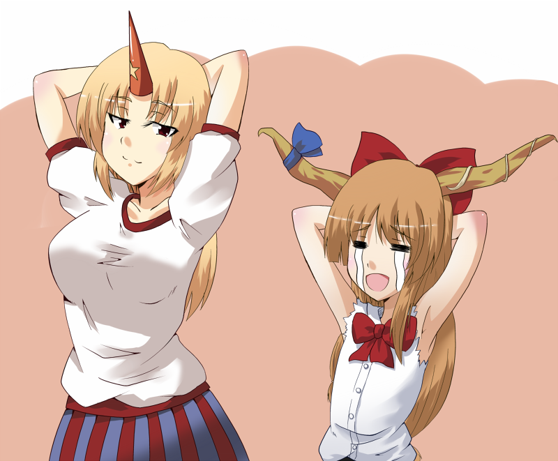 :3 armpits arms_behind_head breast_envy horn horns hoshiguma_yuugi ibuki_suika long_hair masara multiple_girls tears touhou