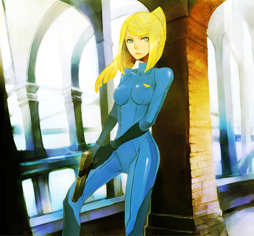 bodysuit green_eyes gun long_hair metroid ponytail sakumi samus_aran weapon zero_suit