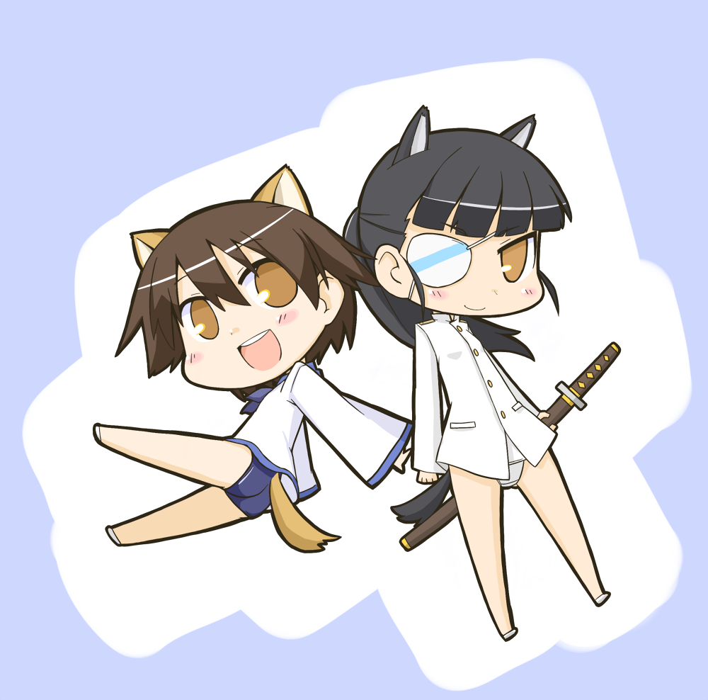 animal_ears black_hair blush brown_eyes chibi eyepatch long_hair miyafuji_yoshika multiple_girls nekoyama ponytail sakamoto_mio short_hair strike_witches swimsuit swimsuit_under_clothes sword tail uniform weapon