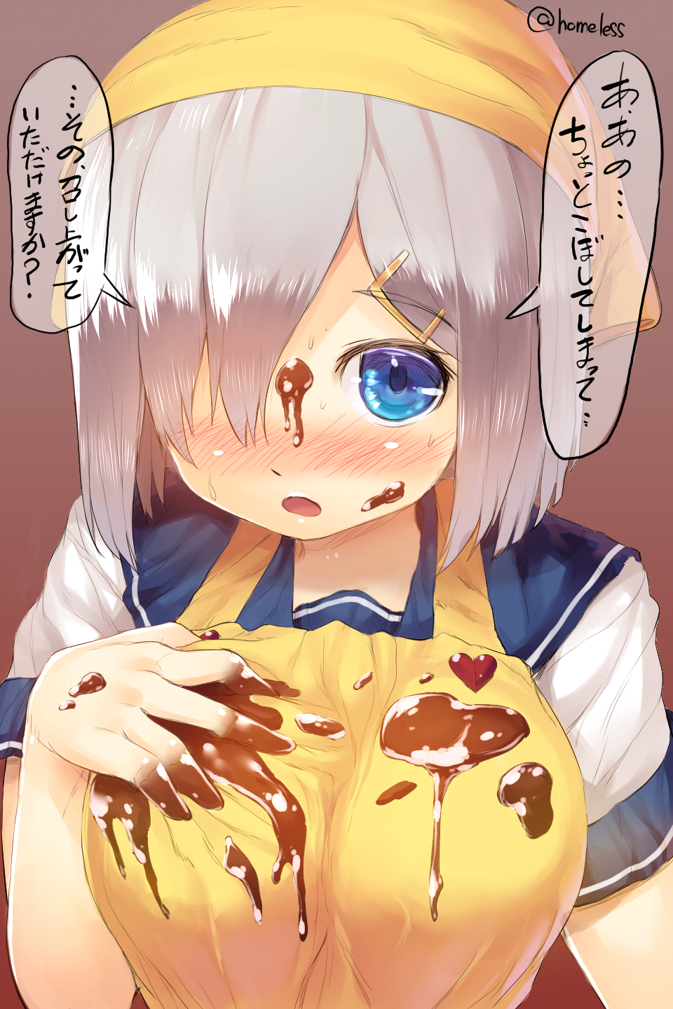 1girl apron bandana blue_eyes blush breasts chocolate chocolate_on_face danbo_(rock_clime) hair_ornament hair_over_one_eye hairclip hamakaze_(kantai_collection) highres kantai_collection large_breasts looking_at_viewer messy open_mouth school_uniform serafuku short_hair silver_hair solo translation_request twitter_username