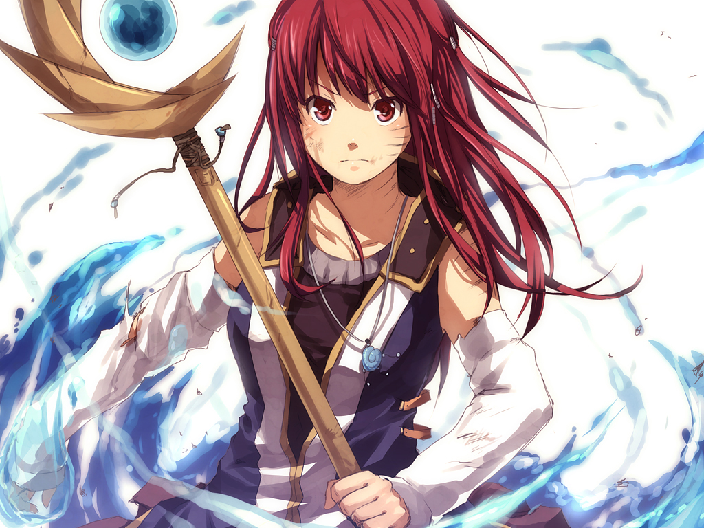 arm_warmers facial_mark hair_ornament jewelry long_hair magic markings necklace nuriko-kun original red_eyes red_hair redhead solo staff torn_clothes water weapon