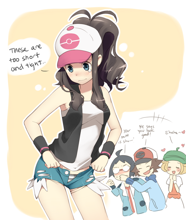 2boys 2girls ahoge antenna_hair baseball_cap bel_(pokemon) bell_(pokemon) black_hair blazer blonde_hair blue_eyes blush brown_hair cheren_(pokemon) closed_eyes covering_mouth denim denim_shorts dress english glasses group hat heart high_ponytail jacket long_hair multiple_boys multiple_girls open_fly open_mouth panties pokemon pokemon_(game) pokemon_black_and_white pokemon_bw ponytail raemz short_hair short_shorts shorts sleeveless smile striped striped_panties tears touko_(pokemon) touya_(pokemon) underwear unzipped vest wavy_mouth weee_(raemz) wristband