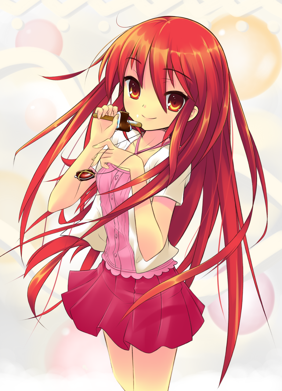 casual highres jewelry konachuu long_hair necklace popsicle red_eyes red_hair redhead shakugan_no_shana shana skirt smile solo