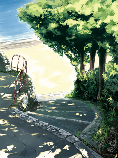 grass koban_(times) nature no_humans ocean path railing scenery shade stairs sunlight tree tree_shade