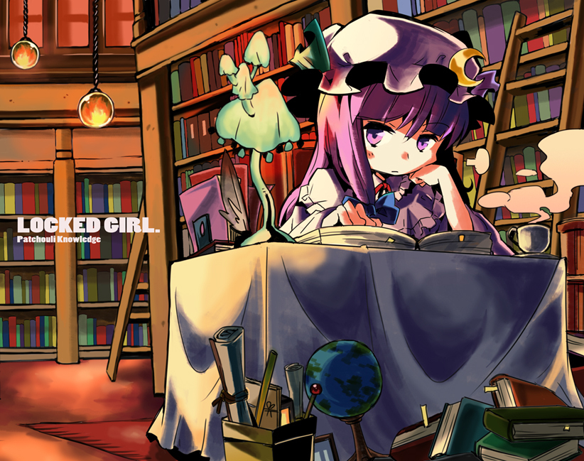 1girl 3speed book bookshelf chin_rest crescent crescent_moon cup desk english feather_pen hat ladder lamp library long_hair mushroom patchouli_knowledge purple_eyes purple_hair quill reading sitting smoke solo steam table teacup touhou violet_eyes voile