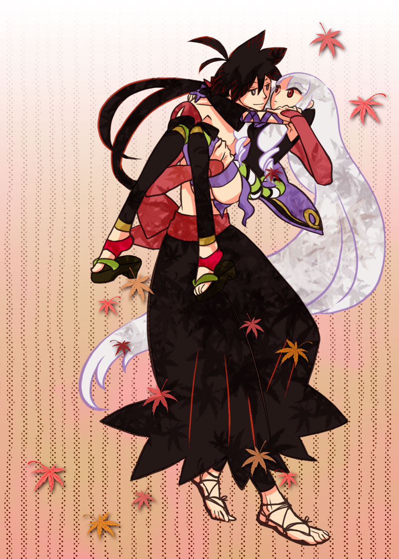 carrying height_difference japanese_clothes katanagatari leaf long_hair maple_leaf princess_carry red_eyes sandals thigh-highs thighhighs toeless_socks togame very_long_hair white_hair yasuri_shichika