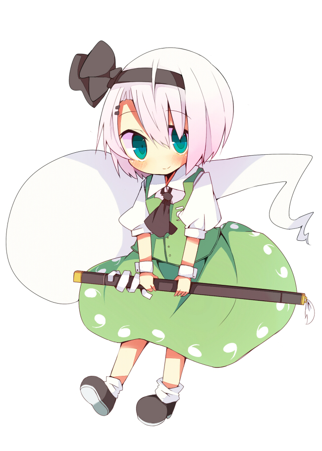 aqua_eyes ascot bad_id blush ghost green_eyes hair_ornament hairband hairclip katana konpaku_youmu konpaku_youmu_(ghost) rawan rowtan scabbard sheath sheathed short_hair silver_hair solo sword touhou weapon white_hair