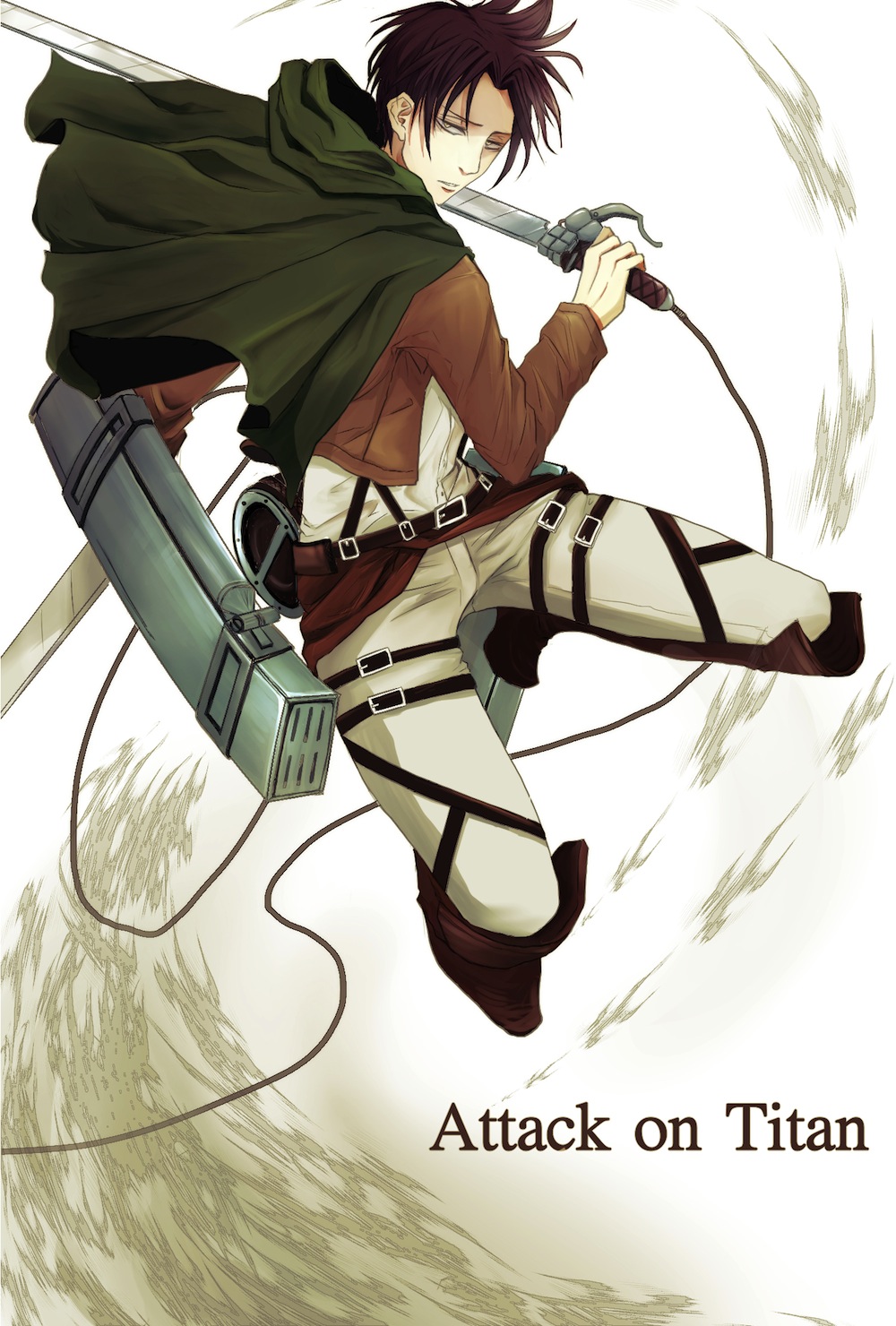 1boy 3dmg ascot belt black_hair boots cape copyright_name highres jacket levi_(shingeki_no_kyojin) ori_ri shingeki_no_kyojin solo sword thigh_strap weapon