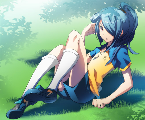 blue_hair cota grass hair_over_one_eye inazuma_eleven kazemaru_ichirouta long_hair lowres male ponytail sitting solo trap