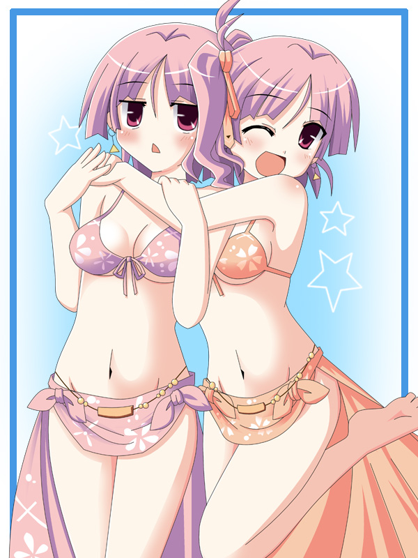 bikini_top blush breasts cleavage earrings front-tie_top h-kyuu_yuugekitai hug jewelry navel purple_hair ritos_tortilla salsa_tortilla sarong short_hair shukufuku_no_campanella side_ponytail smile star underboob wink