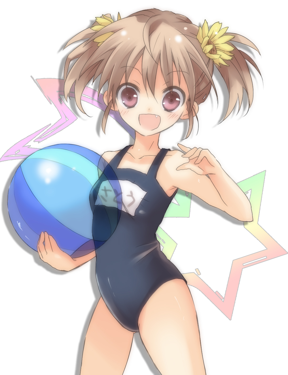 beachball brown_eyes brown_hair ebibibibibi fang highleg highres long_hair name_tag one-piece_swimsuit original school_swimsuit solo swimsuit twintails