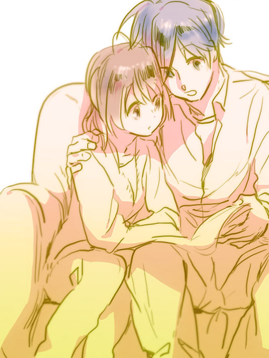 blue_eyes blue_hair brown_hair chiko_(beroro) clannad furukawa_nagisa husband_and_wife okazaki_tomoya reading