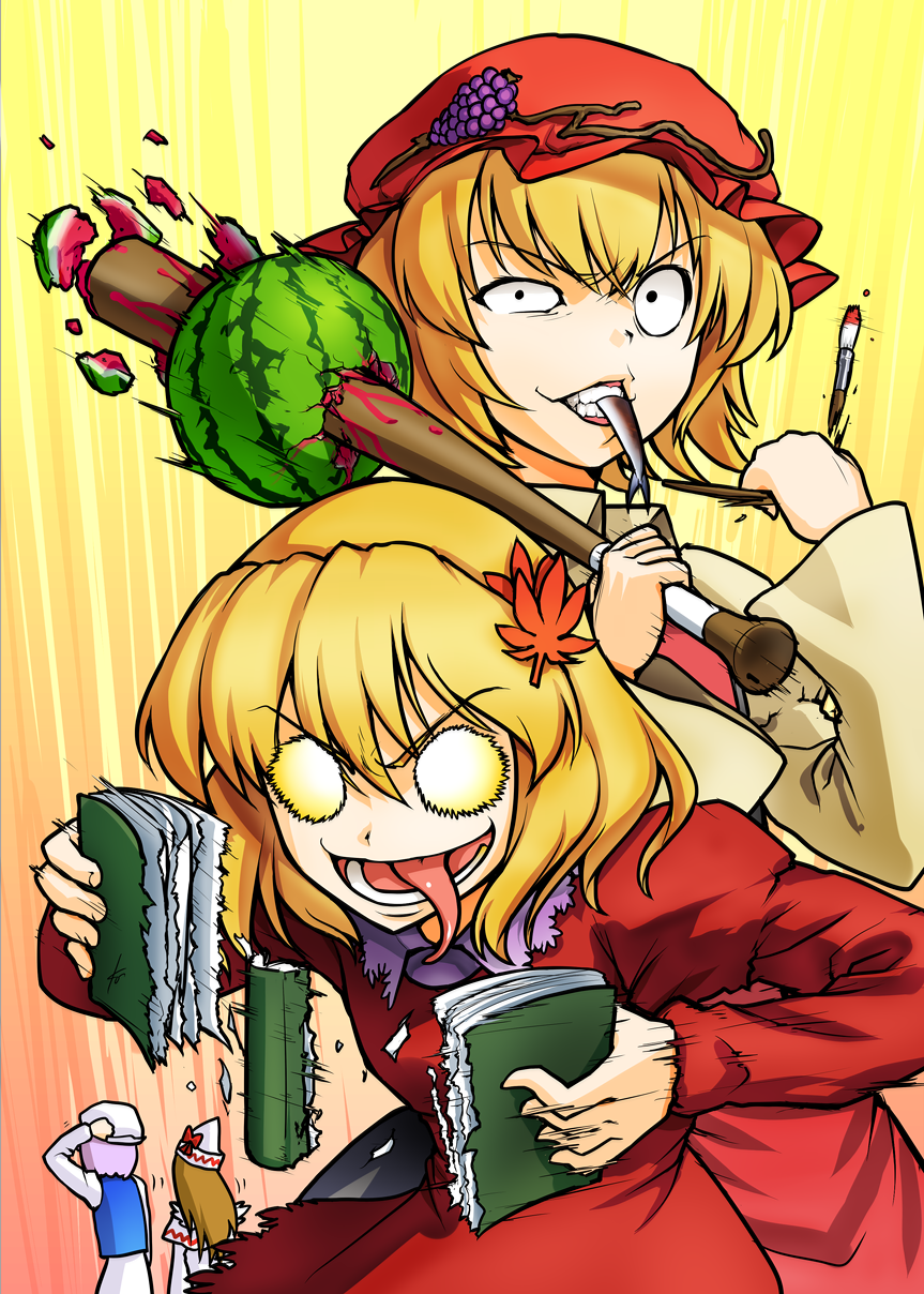 aki_shizuha baseball_bat blonde_hair blue_hair book crazy_eyes eating ebizome fish food fruit glowing glowing_eyes grapes hat highres holding holding_book leaf letty_whiterock lily_white mouth_hold open_book paintbrush syslila teeth tongue touhou uneven_eyes watermelon