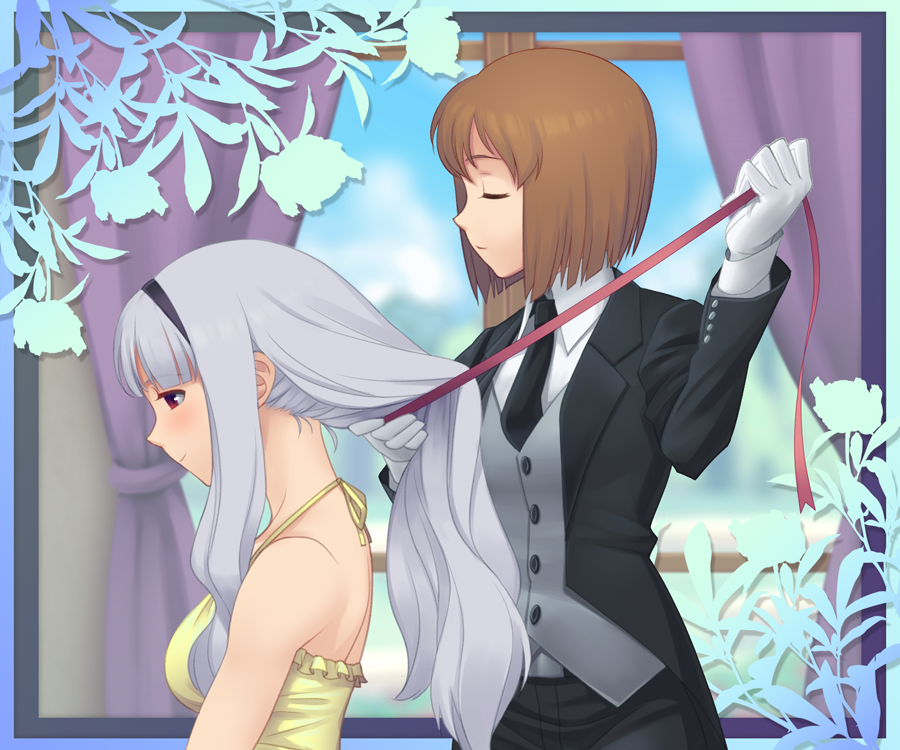 brown_hair closed_eyes formal gloves hagiwara_yukiho idolmaster long_hair multiple_girls necktie pant_suit red_eyes sat shijou_takane short_hair silver_hair suit tuxedo untying waistcoat white_gloves