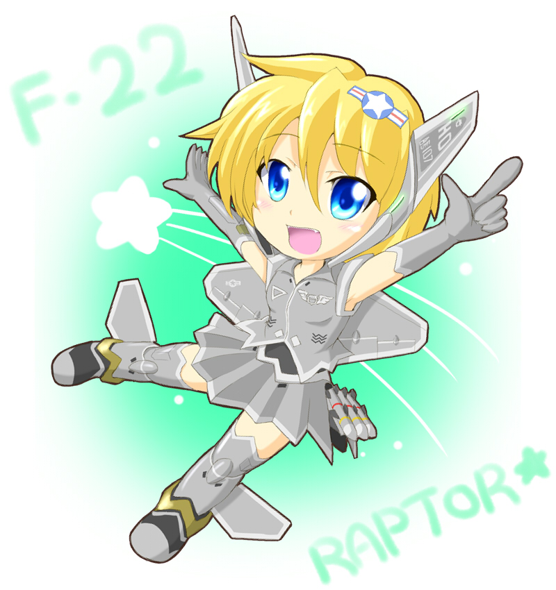 \o/ arms_up blonde_hair blue_eyes chibi f-22 fangs jet mecha_musume missile original outstretched_arms pointing short_hair solo star zephyr164