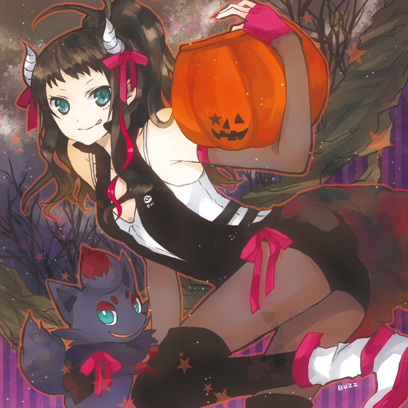 1girl aqua_eyes boots brown_hair buzz camisole fingerless_gloves fishnets gloves halloween horns pantyhose pokemon pokemon_(creature) pokemon_(game) pokemon_black_and_white pokemon_bw ponytail pumpkin ribbon thigh-highs thighhighs tongue touko_(pokemon) vest zorua