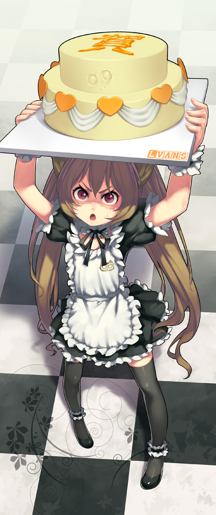 aisaka_taiga angry arms_up black_legwear black_thighhighs brown_hair cake checkered checkered_floor food lvans maid purple_eyes solo thigh-highs thighhighs toradora! twintails violet_eyes