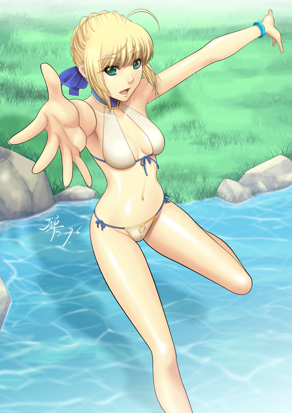 adam700403 ahoge bikini blonde_hair blue_eyes fate/stay_night fate_(series) foreshortening front-tie_top green_eyes halter_top halterneck highres jumping legs navel outstretched_arms panties river saber side-tie_panties signature solo swimsuit underwear wading water