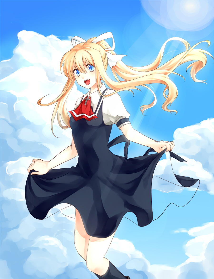 ascot blonde_hair blue_eyes cross dress dress_lift kamio_misuzu long_hair ponytail ryou_(pixiv779953) ryou_(rmssre3783) school_uniform sky smile