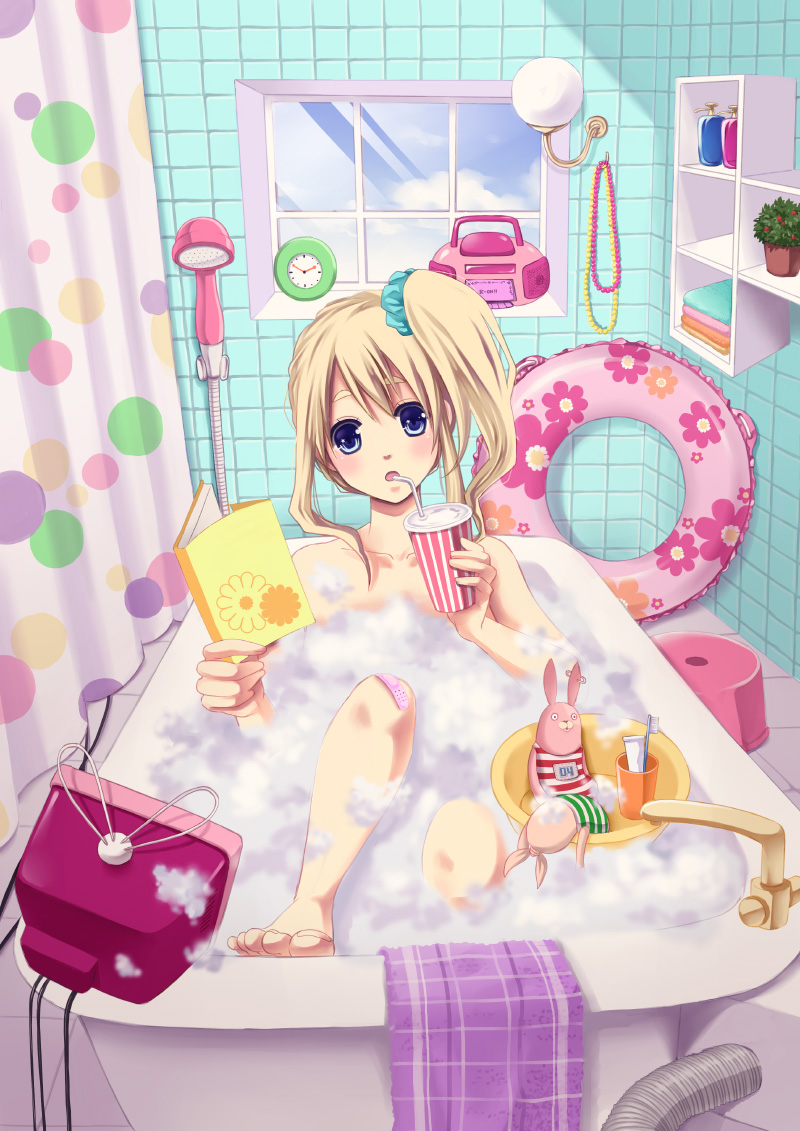 bath bathroom bathtub blonde_hair blue_eyes blush book bubble_bath curtains drinking innertube k-on! kirenenko kotobuki_tsumugi open_mouth pearl_necklace plant polka_dot potted_plant putin radio shower_head side_ponytail sikiso soap solo straw stuffed_toy television toes toothbrush toothpaste usavich uzura_yuuno window