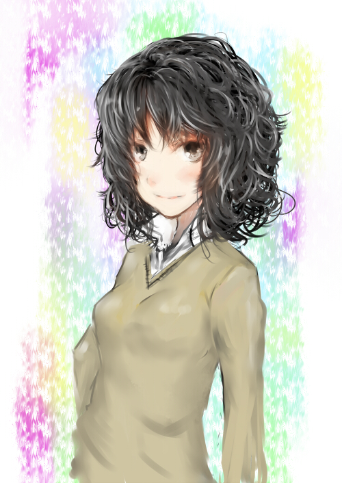 1girl amagami black_hair brown_eyes messy_hair ria:yonmarugo school_uniform short_hair solo sweater tanamachi_kaoru