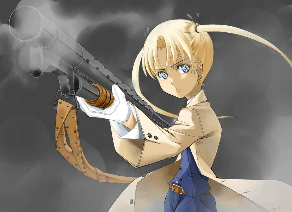 blonde_hair blue_eyes dark_skin foreshortening gloves gun gunslinger_girl long_hair shotgun sling smoke smoking_gun solo taiyaki_a trench_coat triela twintails waistcoat weapon winchester_model_1897