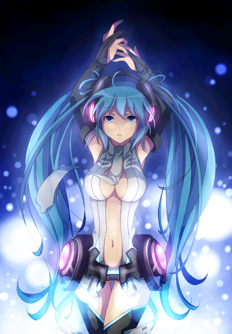 aqua_eyes aqua_hair arms_up belt breasts bridal_gauntlets center_opening cleavage elbow_gloves fingerless_gloves gloves hatsune_miku hatsune_miku_(append) long_hair miku_append navel necktie saku_(ilovechocolate) solo thigh-highs thigh_gap thighhighs twintails very_long_hair vocaloid vocaloid_append zettai_ryouiki