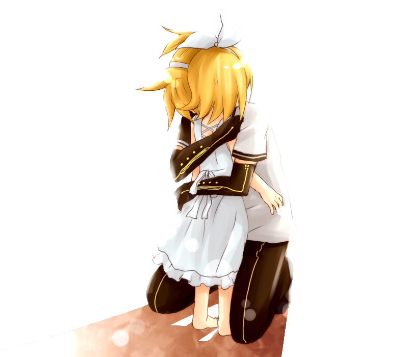 alternate_costume blonde_hair blue_eyes child detached_sleeves dress hair_ribbon hug kagamine_len kagamine_rin kagamine_rin_(roshin_yuukai) meltdown_(vocaloid) ribbon roshin_yuukai_(vocaloid) ryou_(fallxalice) ryou_(pixiv247657) vocaloid young