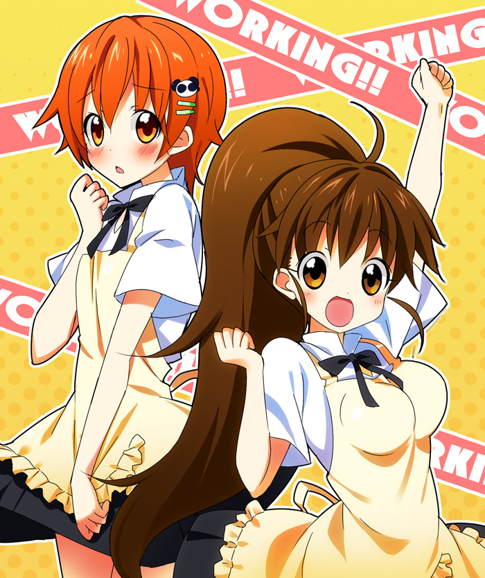 :d arm_up blush brown_eyes brown_hair inami_mahiru multiple_girls open_mouth orange_eyes orange_hair paco ponytail smile taneshima_popura waitress working!!