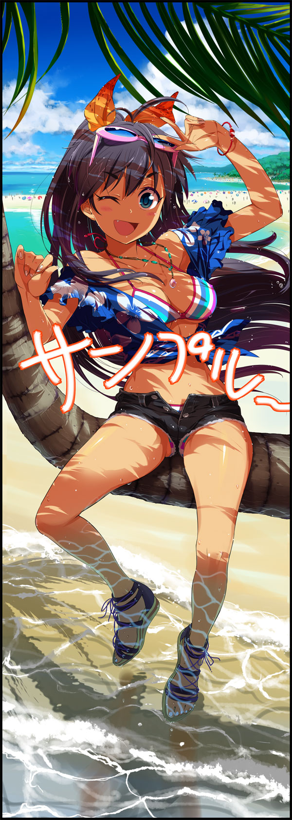 andou_chikanori beach bikini black_hair blue_eyes bracelet breasts cleavage cross-laced_footwear fang front-tie_top ganaha_hibiki hair_ribbon halterneck highres idolmaster jewelry long_hair necklace ocean open_mouth open_shorts palm_tree ponytail ribbon sample sandals short_shorts shorts smile solo striped striped_bikini striped_swimsuit sunglasses sunglasses_on_head sweat swimsuit swimsuit_under_clothes tied_shirt tree unbuttoned wink