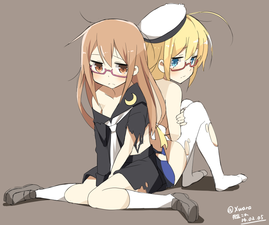2girls :&lt; blonde_hair blue_eyes blush breasts brown_eyes brown_hair covering glasses hair_ornament hat i-8_(kantai_collection) kantai_collection long_hair low_twintails mochizuki_(kantai_collection) multiple_girls one-piece_swimsuit peaked_cap personification red-framed_glasses school_swimsuit school_uniform serafuku sitting skirt swimsuit tears thigh-highs torn_clothes twintails wara_(warapro) white_legwear
